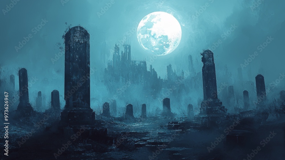 Eerie Graveyard Under Full Moon with Fog and Ruins Eerie Graveyard Under Full Moon with Fog and Ruins