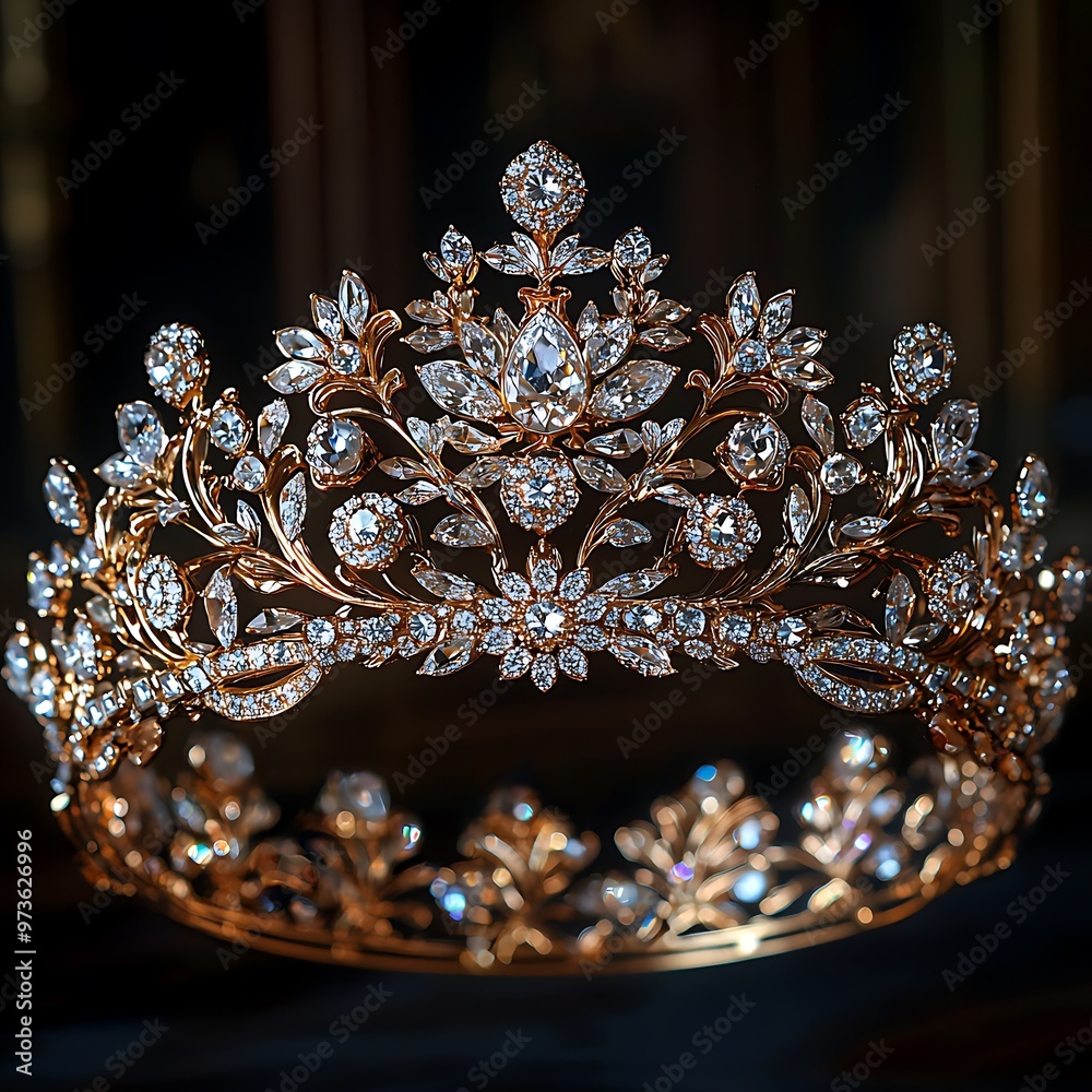 Obraz premium A gold and diamond tiara crown gleams against a black background, exuding royal luxury.