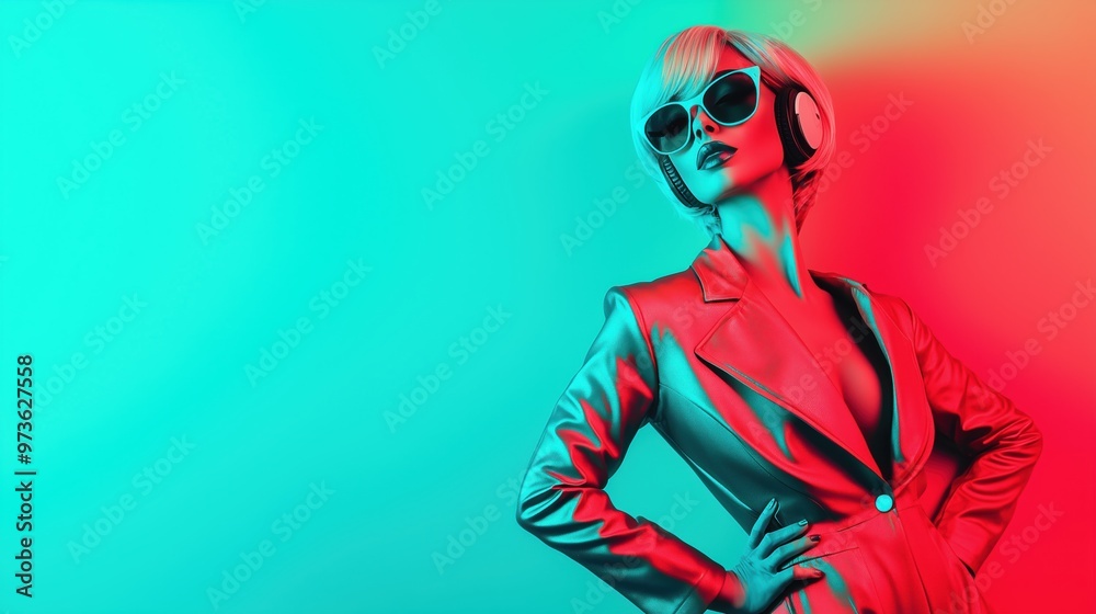 Confident Drag Queen in Metallic Makeup and Wig, Turquoise Backdrop