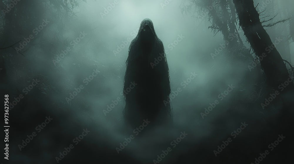 Mysterious Hooded Figure in Foggy Forest Mysterious Hooded Figure in Foggy Forest