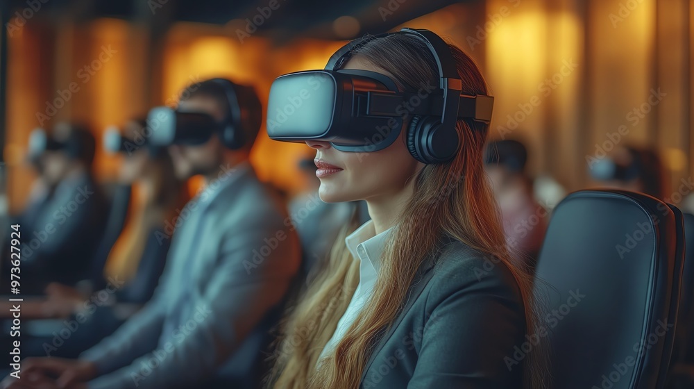 Wideangle shot of a business team in VR headsets, having a virtual meeting in a hightech office setting Wideangle shot of a business team in VR headsets, having a virtual meeting in a hightech office setting