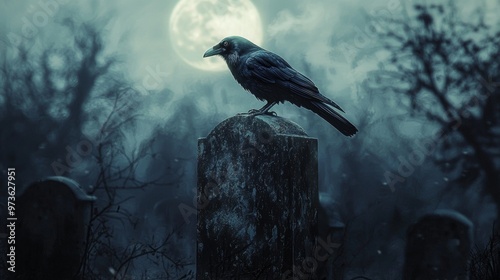 Raven on Gravestone Under Full Moon