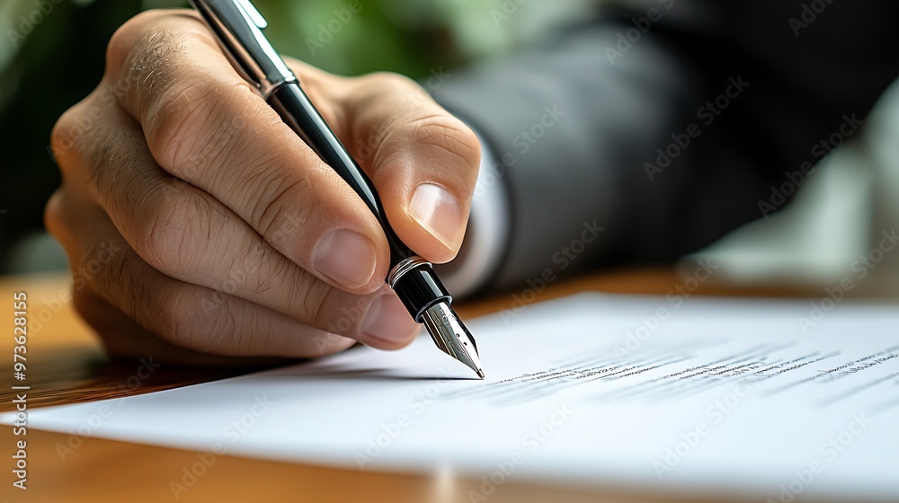 A close-up hand signs a contract document with a fountain pen, marking a formal agreement. A close-up hand signs a contract document with a fountain pen, marking a formal agreement.