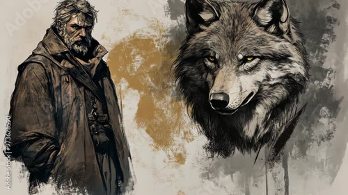 A lone traveler stands next to a wolf illustration in an atmospheric setting highlighting survival themes and wilderness exploration photo