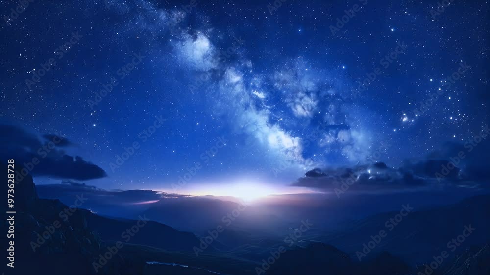 A breathtaking night sky filled with stars and a galaxy over a serene landscape.