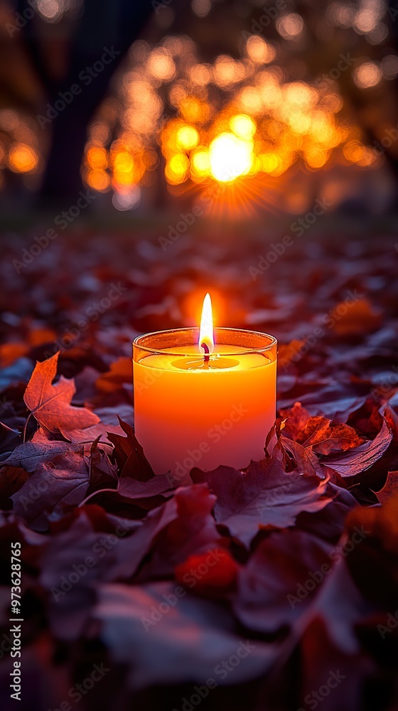 A beautifully lit candle amidst autumn leaves casts a warm, flickering light, creating a tranquil atmosphere for remembrance day A beautifully lit candle amidst autumn leaves casts a warm, flickering light, creating a tranquil atmosphere for remembrance day