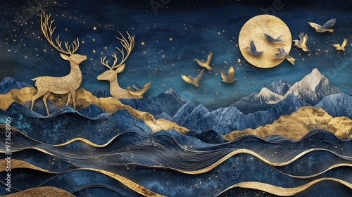 Wallpaper Mural Golden deer silhouette with birds flying over blue mountains under a full moon. Torontodigital.ca