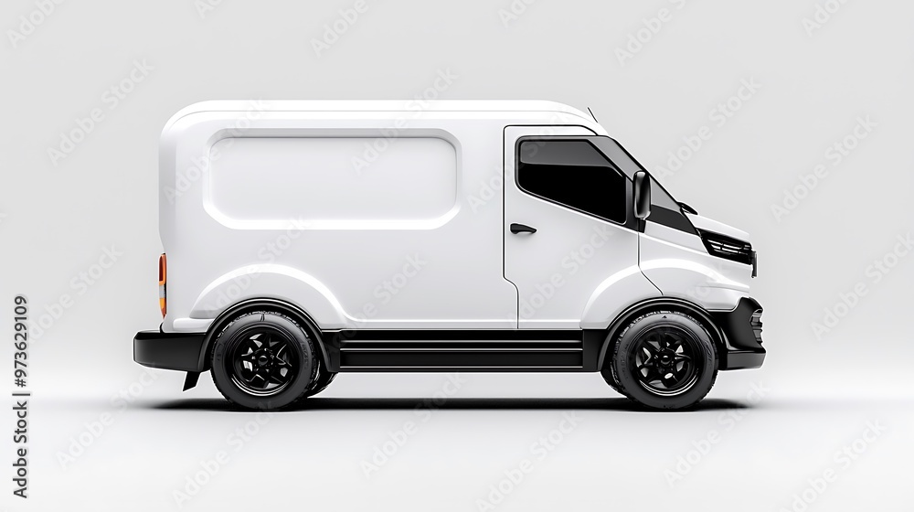 A white delivery van is displayed in side view, offering a clean and professional mockup for design. A white delivery van is displayed in side view, offering a clean and professional mockup for design.