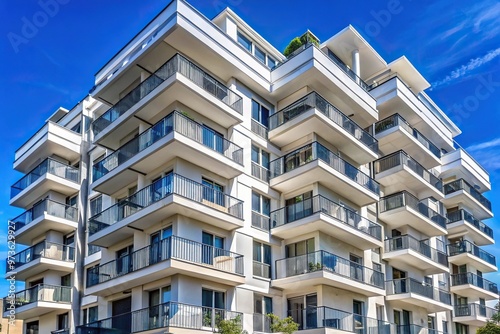 Building with balconies in downtown against blue sky background