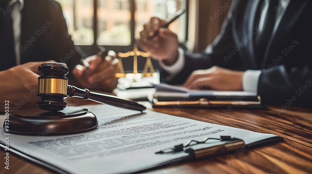 A gavel rests on legal documents, with lawyers discussing matters in the background. A gavel rests on legal documents, with lawyers discussing matters in the background.