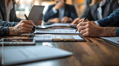 Close-up hands sign a business contract, finalizing an important agreement. photo