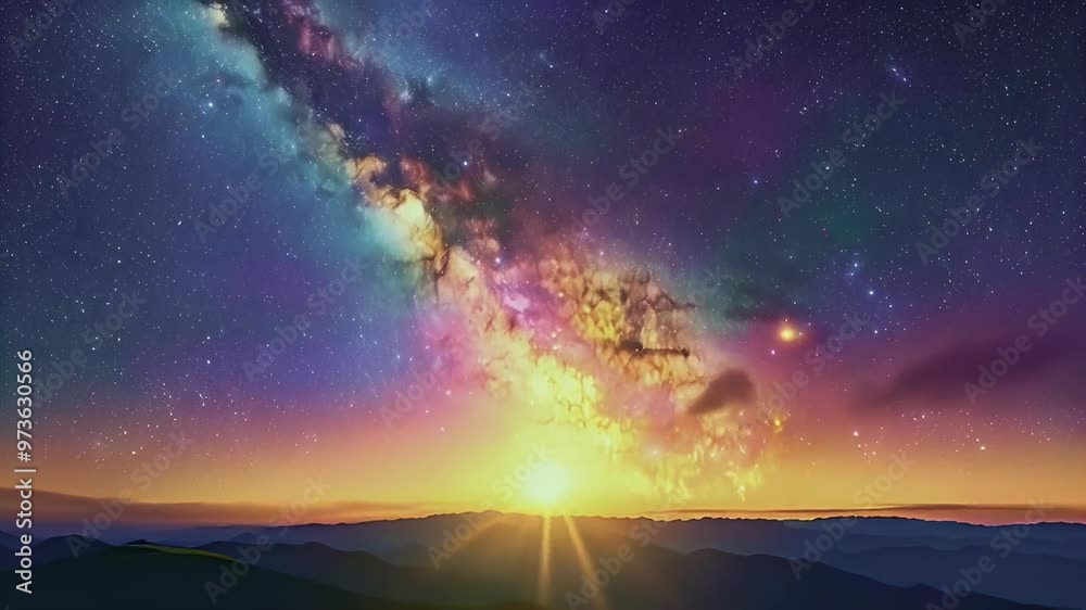 A stunning view of the Milky Way galaxy with a sunrise over mountains.