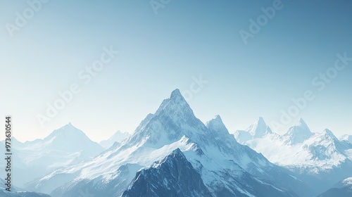 Majestic snow-capped mountain range under clear blue sky, showcasing the breathtaking beauty of towering peaks, pristine wilderness, and serene natural landscape. High resolution, perfect for nature, 