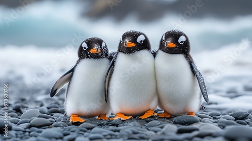 Wallpaper Mural Three penguins standing close together on a beach with misty mountains and the ocean in the background, captured in a serene and misty atmosphere. Torontodigital.ca