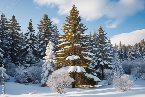 Serene Winter Scenery Featuring Snowy Trees and Tranquil White Pines