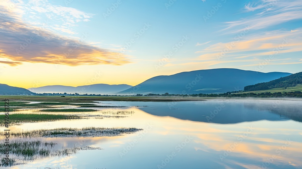 Fototapeta premium Serene panoramic view of a tranquil lake at sunrise, reflecting the soft hues of the sky and surrounding majestic mountains.
