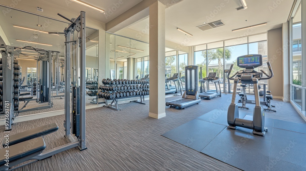 Modern gym interior with treadmills, an exercise bike, and weightlifting equipment. Modern gym interior with treadmills, an exercise bike, and weightlifting equipment.