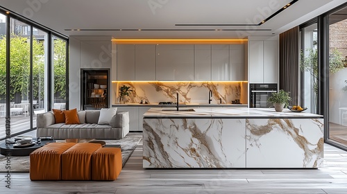 Luxurious modern kitchen featuring white cabinetry, marble countertops, large island, and elegant pendant lighting, with abundant natural light. photo