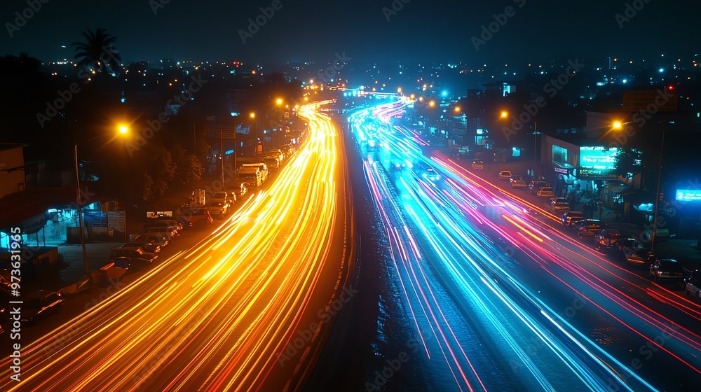 Long exposure shot of city traffic at night, colorful light trails creating a vibrant urban atmosphere Long exposure shot of city traffic at night, colorful light trails creating a vibrant urban atmosphere