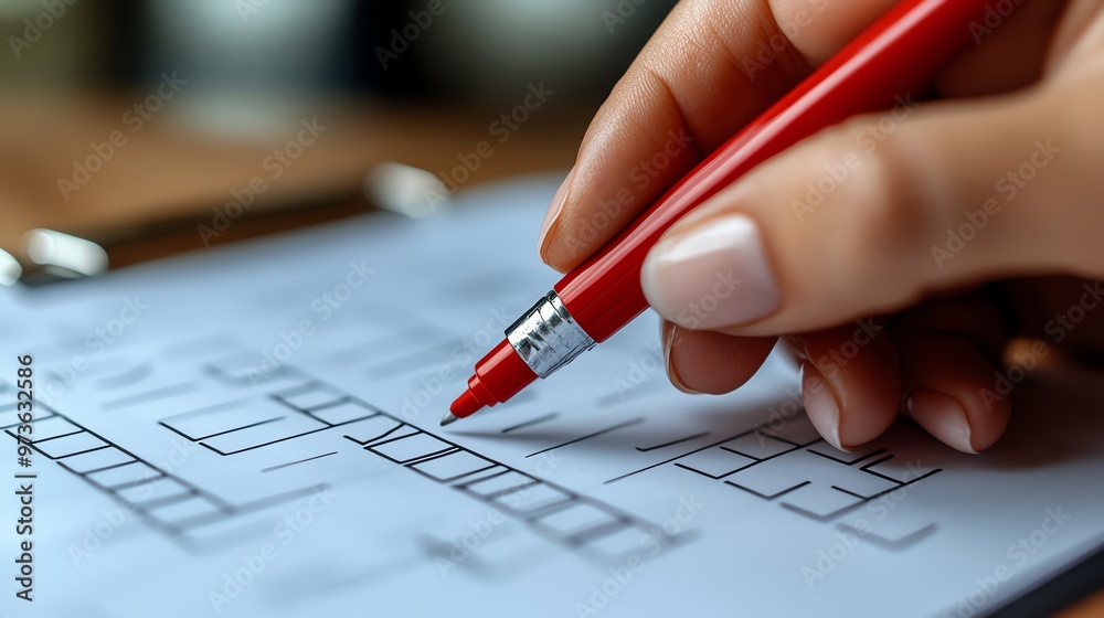 Hands holding a red marker while reviewing a quality assurance checklist, closeup of the process Hands holding a red marker while reviewing a quality assurance checklist, closeup of the process