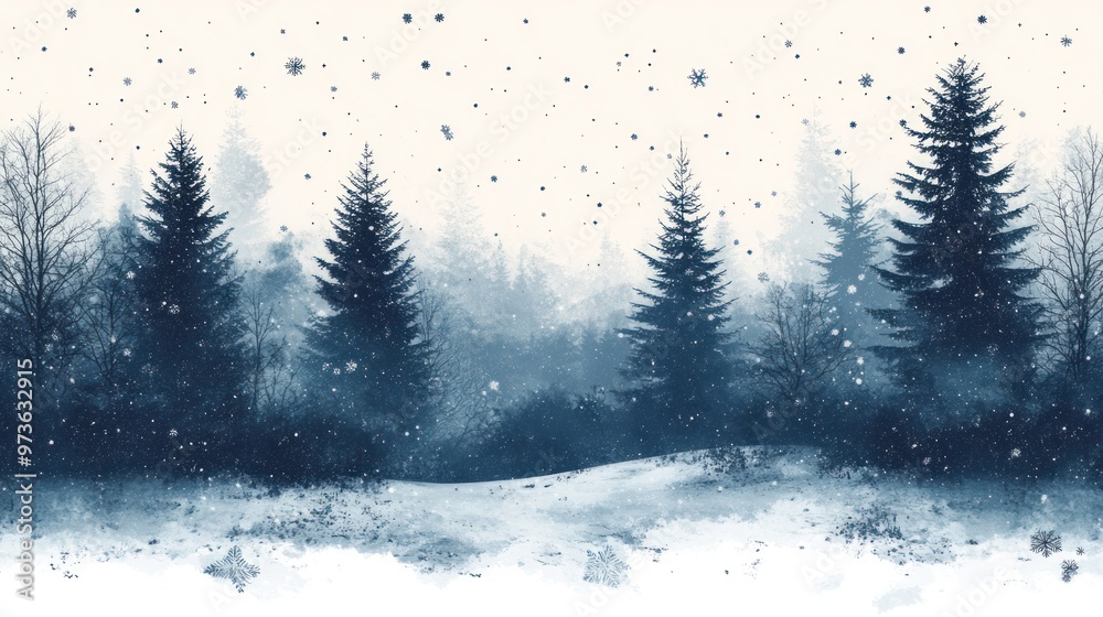 Serene winter landscape with snow-covered trees and falling snowflakes. Serene winter landscape with snow-covered trees and falling snowflakes.
