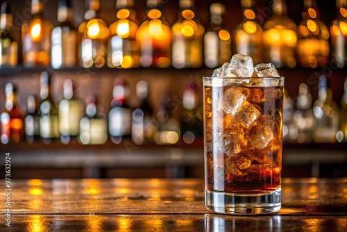 Carbonated alcoholic cocktail with ice on bar counter