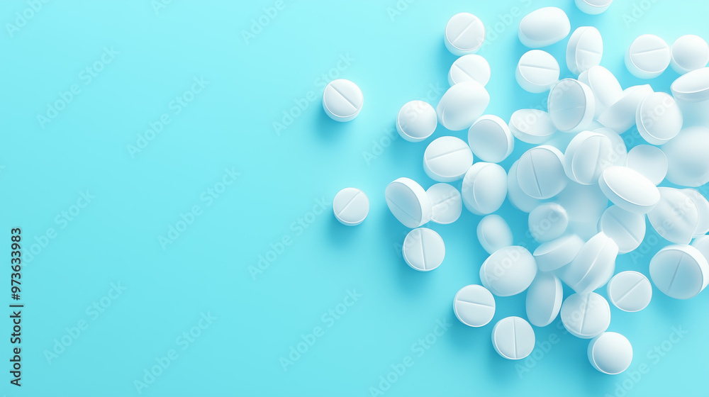 White pills scattered on a blue background for medical use White pills scattered on a blue background for medical use