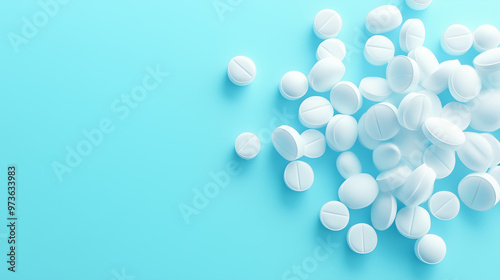 White pills scattered on a blue background for medical use