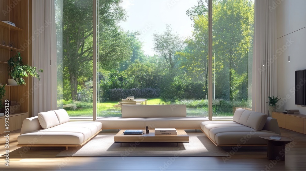 Modern living room with white sectional sofa, wooden coffee table, and large windows overlooking a lush green garden. Modern living room with white sectional sofa, wooden coffee table, and large windows overlooking a lush green garden.
