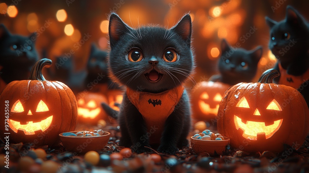 Naklejka premium Cute black kittens surrounded by Halloween pumpkins and treats.