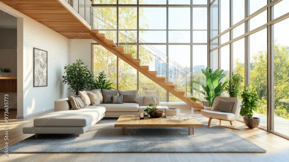 Fototapeta premium Modern living room with a large window, a sofa, and a wooden coffee table.