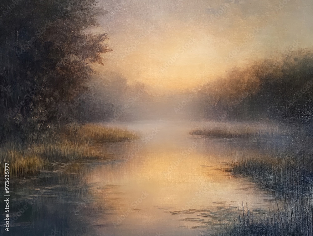 Fototapeta premium Oil painting depicting a misty wetland at dawn showcasing the serene beauty of the landscape