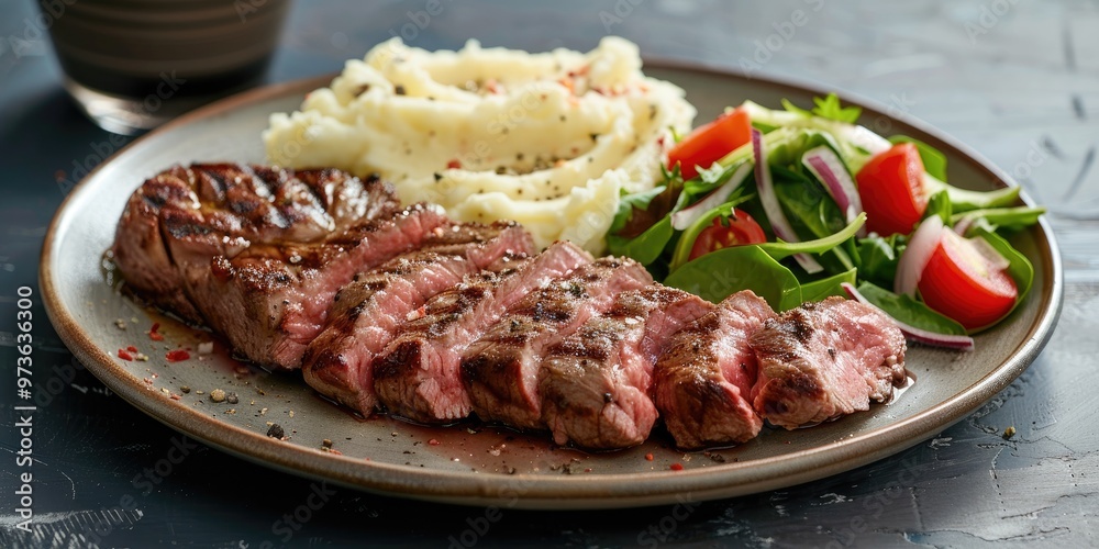 Rare beef ribeye steak served with Caesar salad and creamy mashed potatoes. Rare beef ribeye steak served with Caesar salad and creamy mashed potatoes.