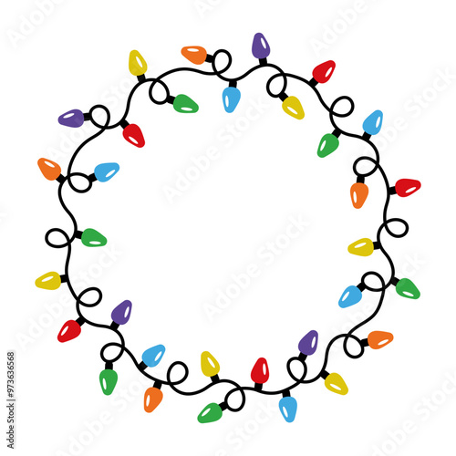 Circle simple decorative Christmas lights in flat style. Round shape frame. Vector design of lightbulb garland. Decorative element for xmas cards, invitations, banners, posters