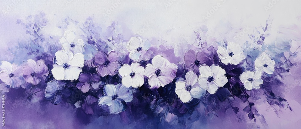 Oil painting showcasing a blend of purple and white flowers highlighting their unique beauty and elegance Oil painting showcasing a blend of purple and white flowers highlighting their unique beauty and elegance