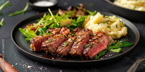 Thinly cut rare beef ribeye accompanied by Caesar salad and creamy mashed potatoes.