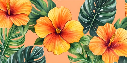 Orange Hibiscus Flowers and Green Leaves Watercolor Painting