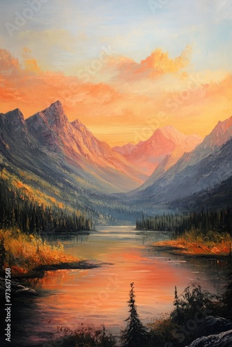 Oil painting depicting a panoramic view of majestic mountains showcasing stunning natural beauty and artistic craftsmanship