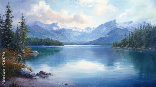 Oil painting depicting a serene lake with a stunning mountain range in the background showcasing natural beauty and tranquil scenery