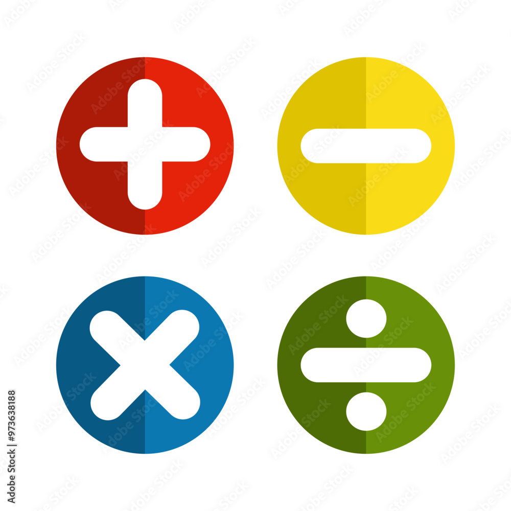 Fototapeta premium Colorful math symbol sign. Addition subtraction, multiplication, division. Education, school learning concept. Flat vector design isolated illustration.