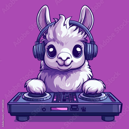 A lama behind a DJ booth, wearing headphones and bobbing its head to the music, minimalist design, flat collor ilustration