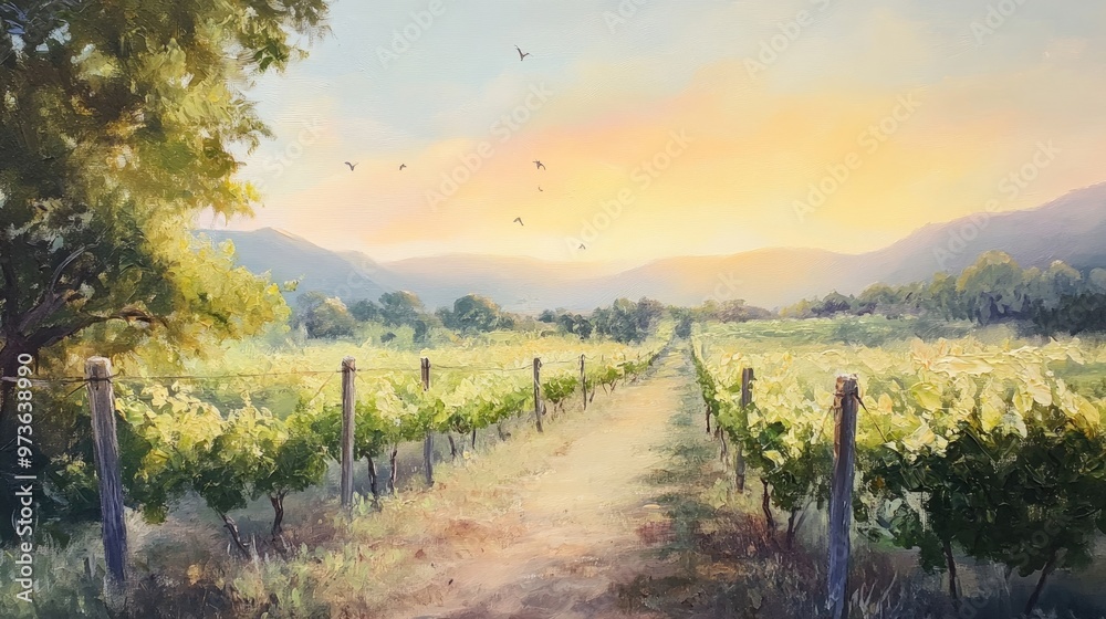 Oil painting capturing a fresh and crisp vineyard atmosphere at sunrise where soft bird chirping and rustling leaves create a serene and refreshing ambiance Oil painting capturing a fresh and crisp vineyard atmosphere at sunrise where soft bird chirping and rustling leaves create a serene and refreshing ambiance