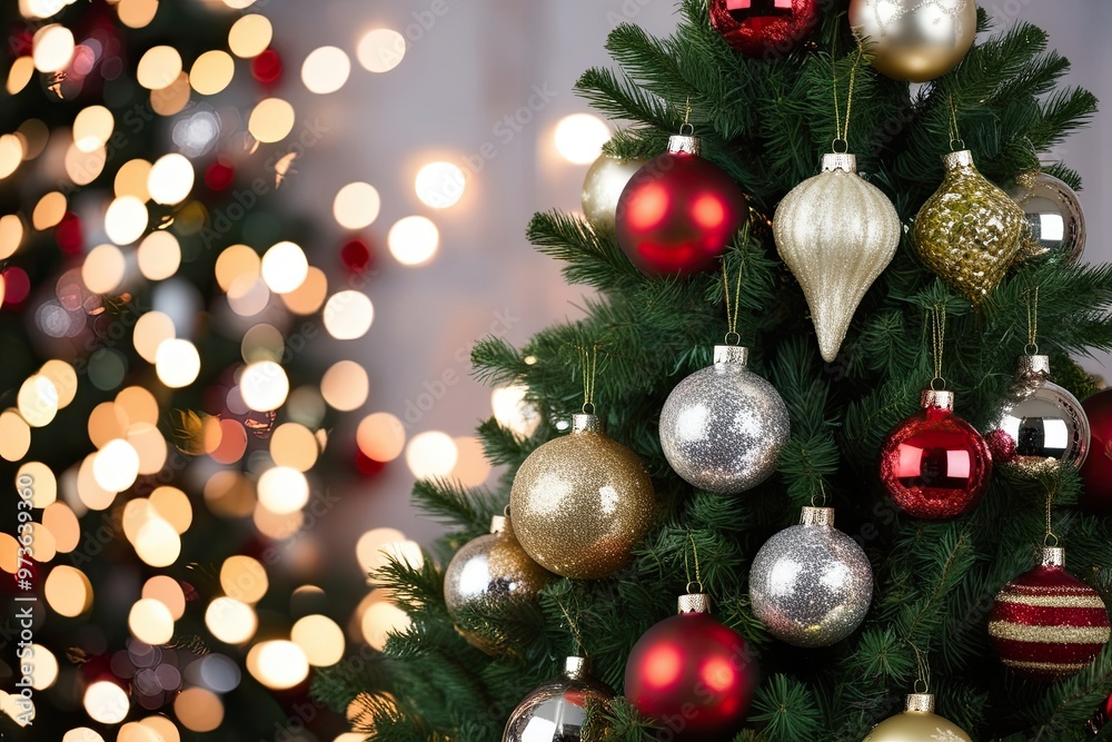 Festive Christmas Tree Decorated with Glittering Ornaments and Twinkling Baubles Surrounded by Colorful Bokeh Lights Festive Christmas Tree Decorated with Glittering Ornaments and Twinkling Baubles Surrounded by Colorful Bokeh Lights