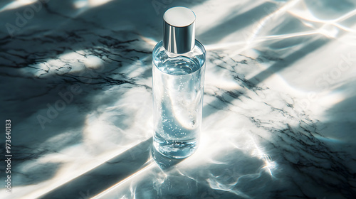minimalistic shot of skincare essence water in a crystal-clear container photo