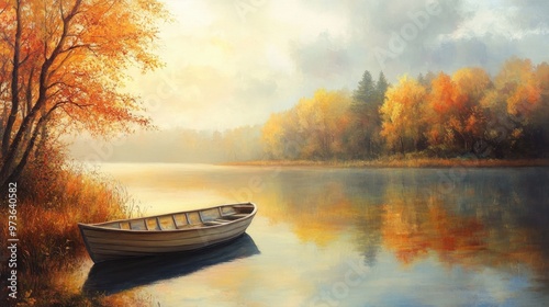 Oil painting depicting a serene lake with a boat during autumn showcasing seasonal beauty and tranquil scenery photo