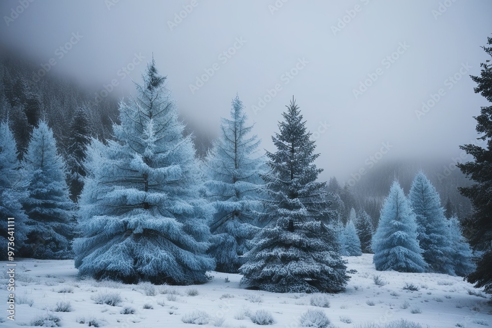 Enchanting Winter Scene with Frost-Covered Blue Fir Trees and Snowfall Layers Enchanting Winter Scene with Frost-Covered Blue Fir Trees and Snowfall Layers