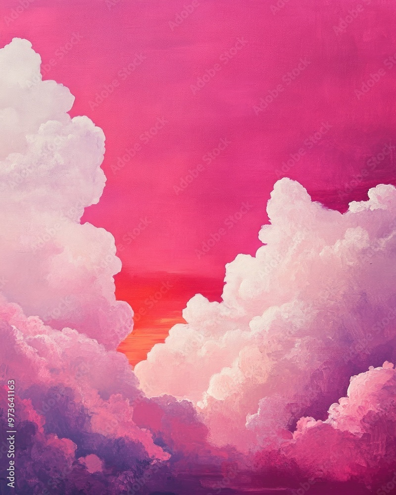 Oil painting depicting a vibrant pink vanilla sky with fluffy clouds featuring rich colors and an enchanting atmosphere Oil painting depicting a vibrant pink vanilla sky with fluffy clouds featuring rich colors and an enchanting atmosphere