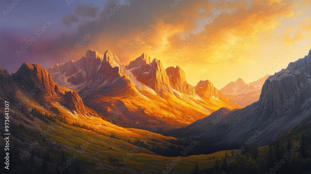 Naklejka premium Oil painting showcasing a captivating mountain landscape with a warm golden glow at sunset illuminating the majestic peaks creating a mesmerizing natural scene