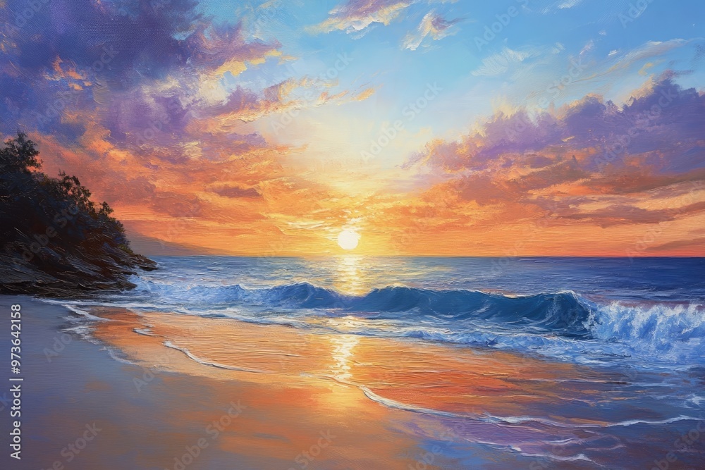 Obraz premium Oil painting showcasing a stunning sunset over a beach scene highlighting vibrant colors and serene coastal beauty