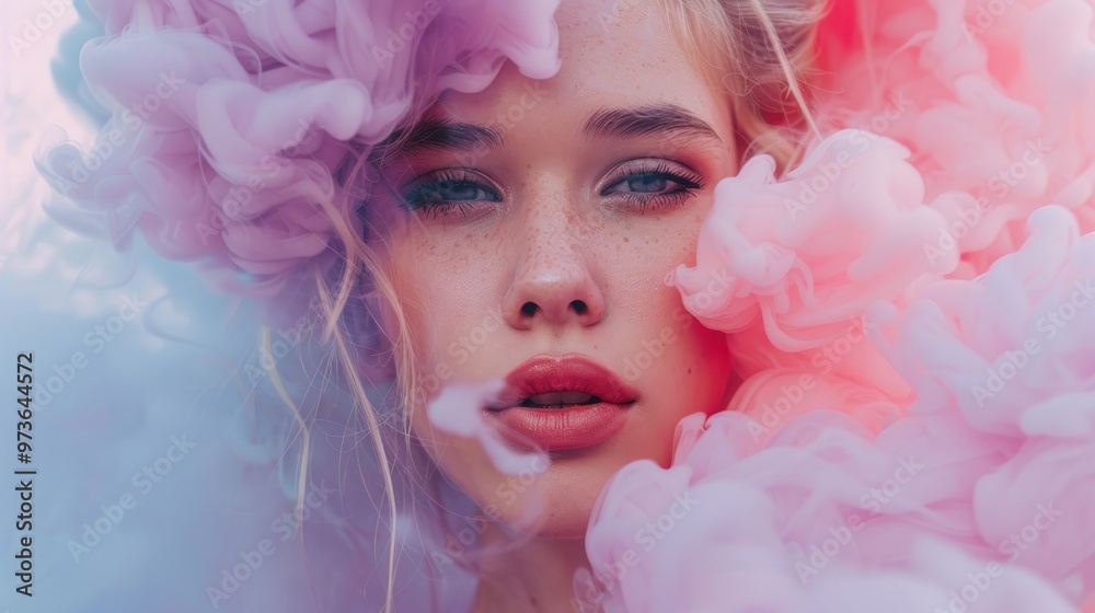 Portrait of a woman with pink and blue smoke around her face, she is looking at the camera. Portrait of a woman with pink and blue smoke around her face, she is looking at the camera.